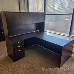 Espresso L Suite Office Desk w/ Drawer, Overhead Storage